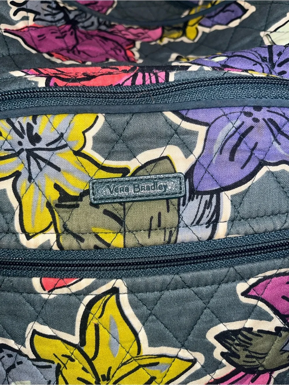 Vera Bradly Quilted Floral Backpack - Gray with Pink, Yellow & Purple Flowers